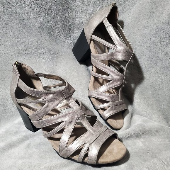 easy street Shoes - Easy Street Amaze Gladiator Heeled Sandals Pewter Metallic Silver Size 9…